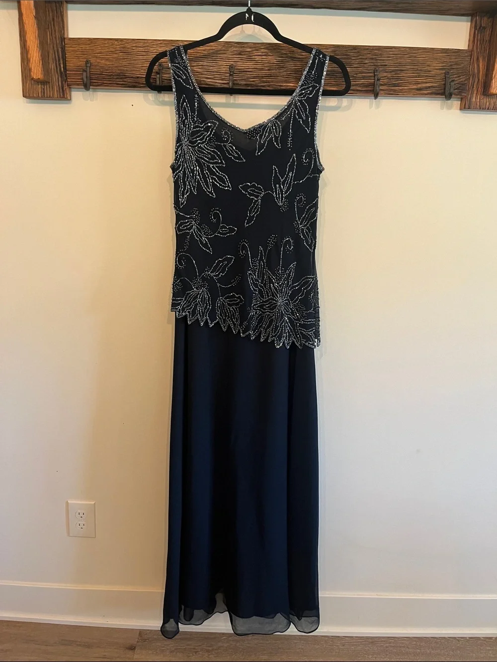 J Kara Navy Maxi Dress with Silver Beaded Floral Embellishment